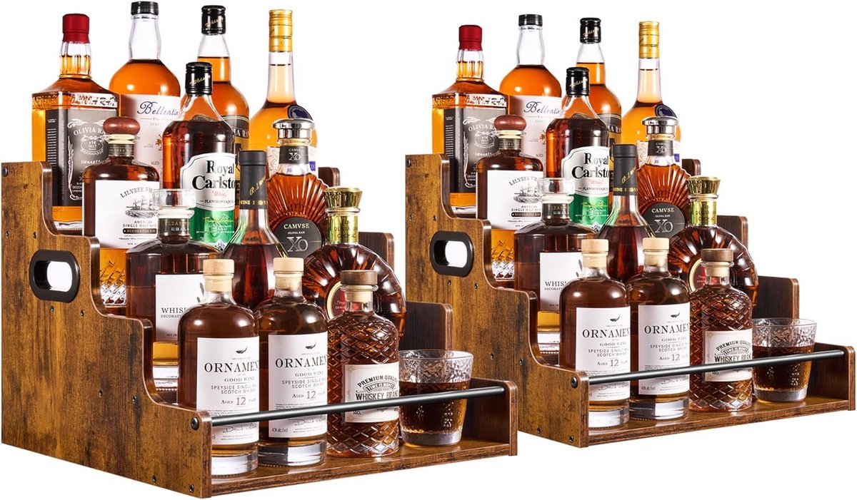 2-Pack Houten Barplanken 4-Laags Drankdisplay Organiser voor Aanrecht en Keuken (Rustiek Bruin)