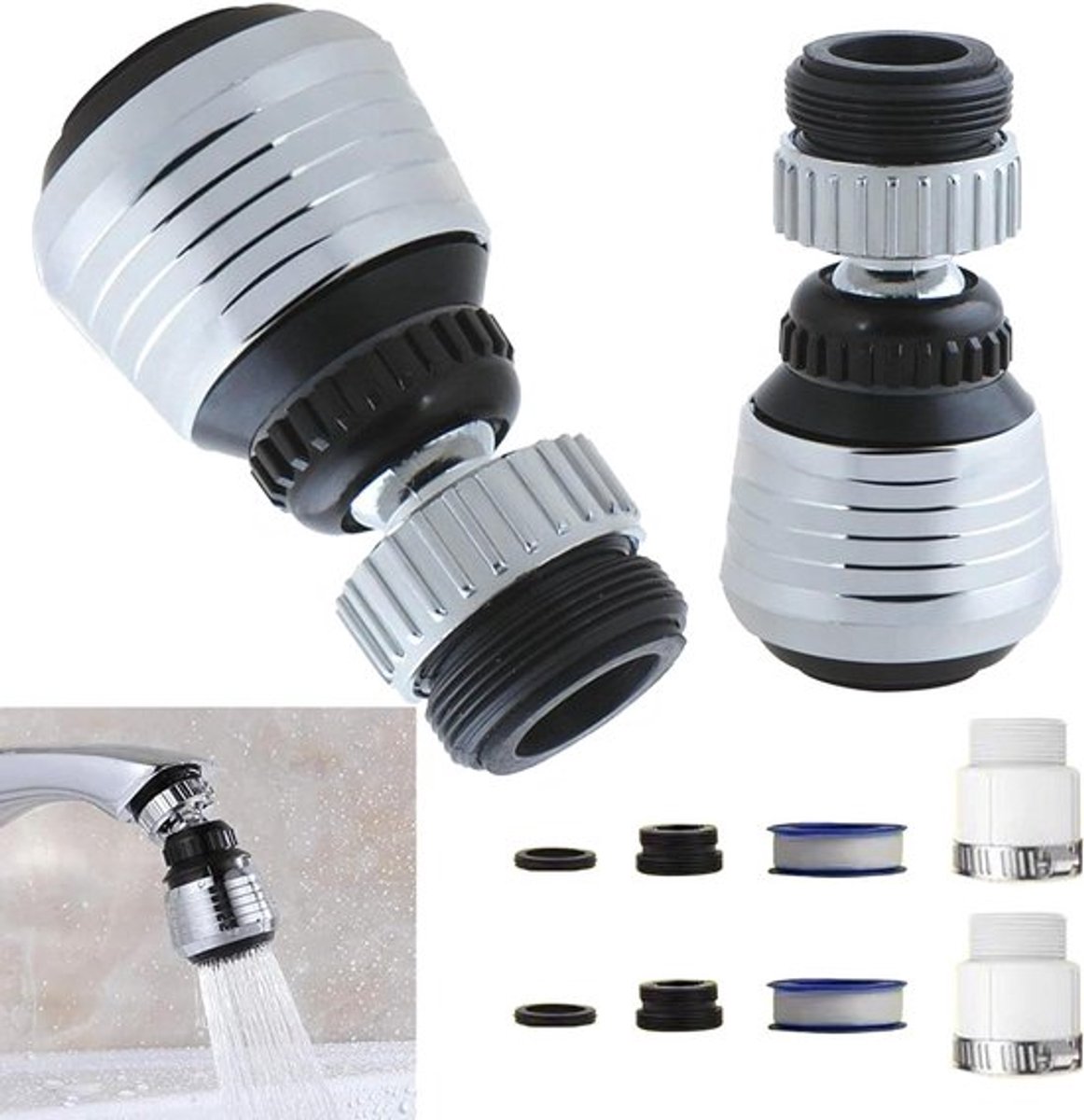 Waterbesparende kraanbeluchter 2-pack, kraanopzetstuk met sproeikop, 360° draaibare verlenging voor keuken en badkamer