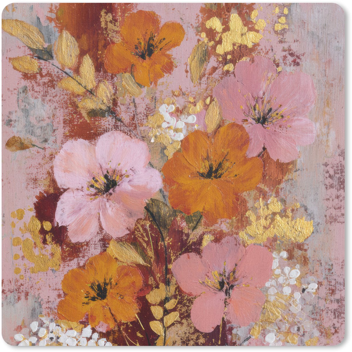 Muismat 30x30 cm - Mousepad Schilderij - Bloemen - Rustiek - Roze - Muismatten