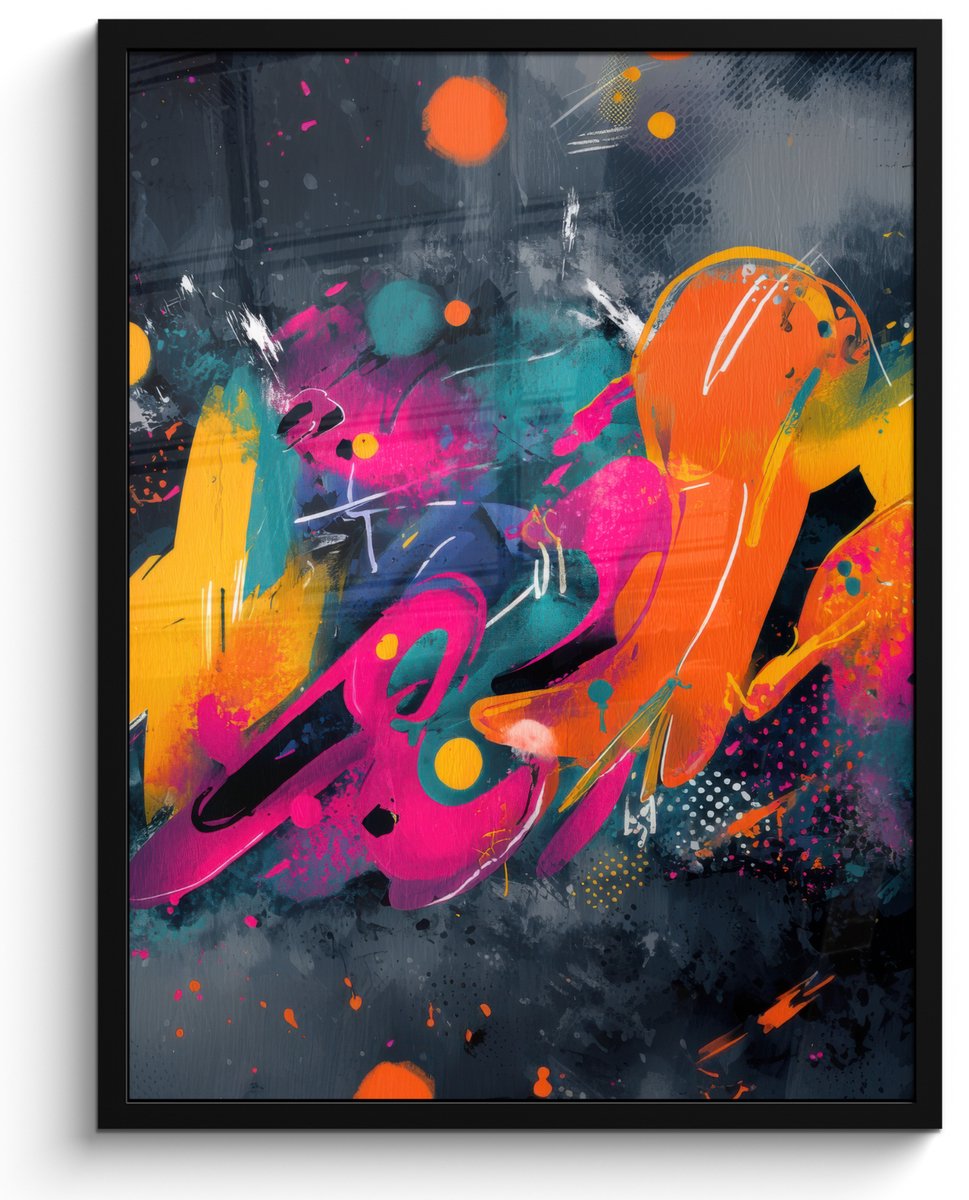 FrameYourWall Poster in lijst - Fotolijst 60x80 cm - Posters - Abstract - Graffiti - Kleurrijk - Verfspatten - Posterlijst zwart - Decoratie - Wanddecoratie woonkamer - Muurdecoratie slaapkamer