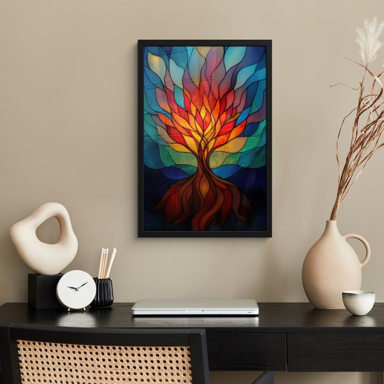 Poster in lijst - Fotolijst 40x60 cm - Posters - Sierglas - Boom - Rood - Vlakken - Posterlijst zwart - Decoratie - Wanddecoratie woonkamer - Muurdecoratie slaapkamer