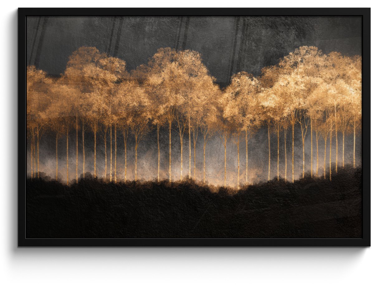 FrameYourWall Poster in lijst - Fotolijst 90x60 cm - Posters - Gouden Bomen in Mistig Landschap - Posterlijst zwart - Decoratie - Wanddecoratie woonkamer - Muurdecoratie slaapkamer Bomen - Mist - Goud