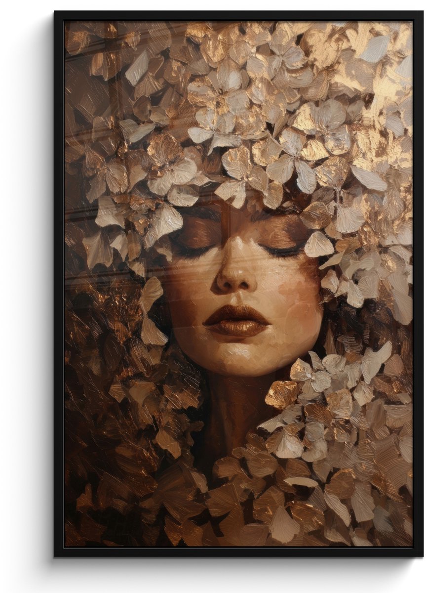 FrameYourWall Poster in lijst - Fotolijst 80x120 cm - Posters - Gezicht - Vrouwe - Bladeren - Penseelstreken - Posterlijst zwart - Decoratie - Wanddecoratie woonkamer - Muurdecoratie slaapkamer Gezicht - Vrouw - Bladeren