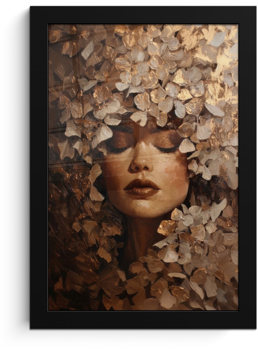 FrameYourWall Poster in lijst - Fotolijst 20x30 cm - Posters - Gezicht - Vrouwe - Bladeren - Penseelstreken - Posterlijst zwart - Decoratie - Wanddecoratie woonkamer - Muurdecoratie slaapkamer Gezicht - Vrouw - Bladeren