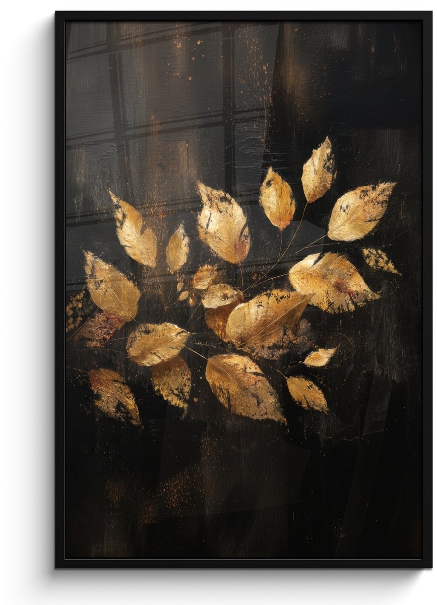 FrameYourWall Poster in lijst - Fotolijst 80x120 cm - Posters - Gouden Bladeren op Donkere Achtergrond - Posterlijst zwart - Decoratie - Wanddecoratie woonkamer - Muurdecoratie slaapkamer Bladeren - Goud