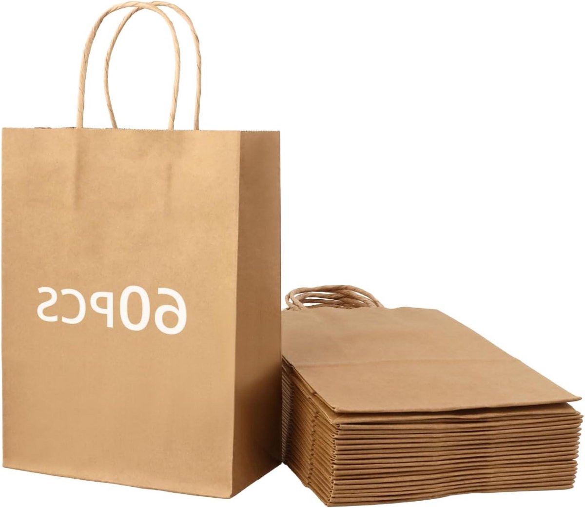60 stuks bruine papieren geschenkzakjes met hengsels - 15 x 8 x 21 cm - feestverpakkingen, boodschappentassen, cadeauverpakkingen