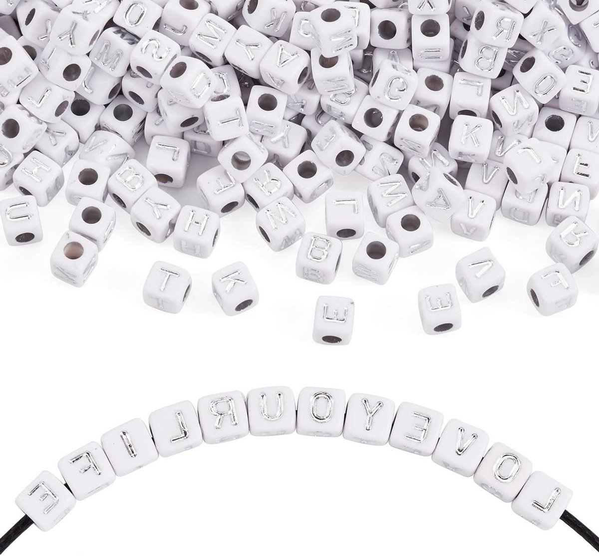 Allecta - Acryl Alphabet Kralen Wit Zilver A-Z Letter Vierkant Kubus - Sieraden Maken - 500 Stuks