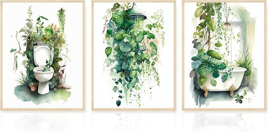 Drie botanische prints van een badkamer: een toilet met planten, een douche met hangende planten, een badkuip met planten.