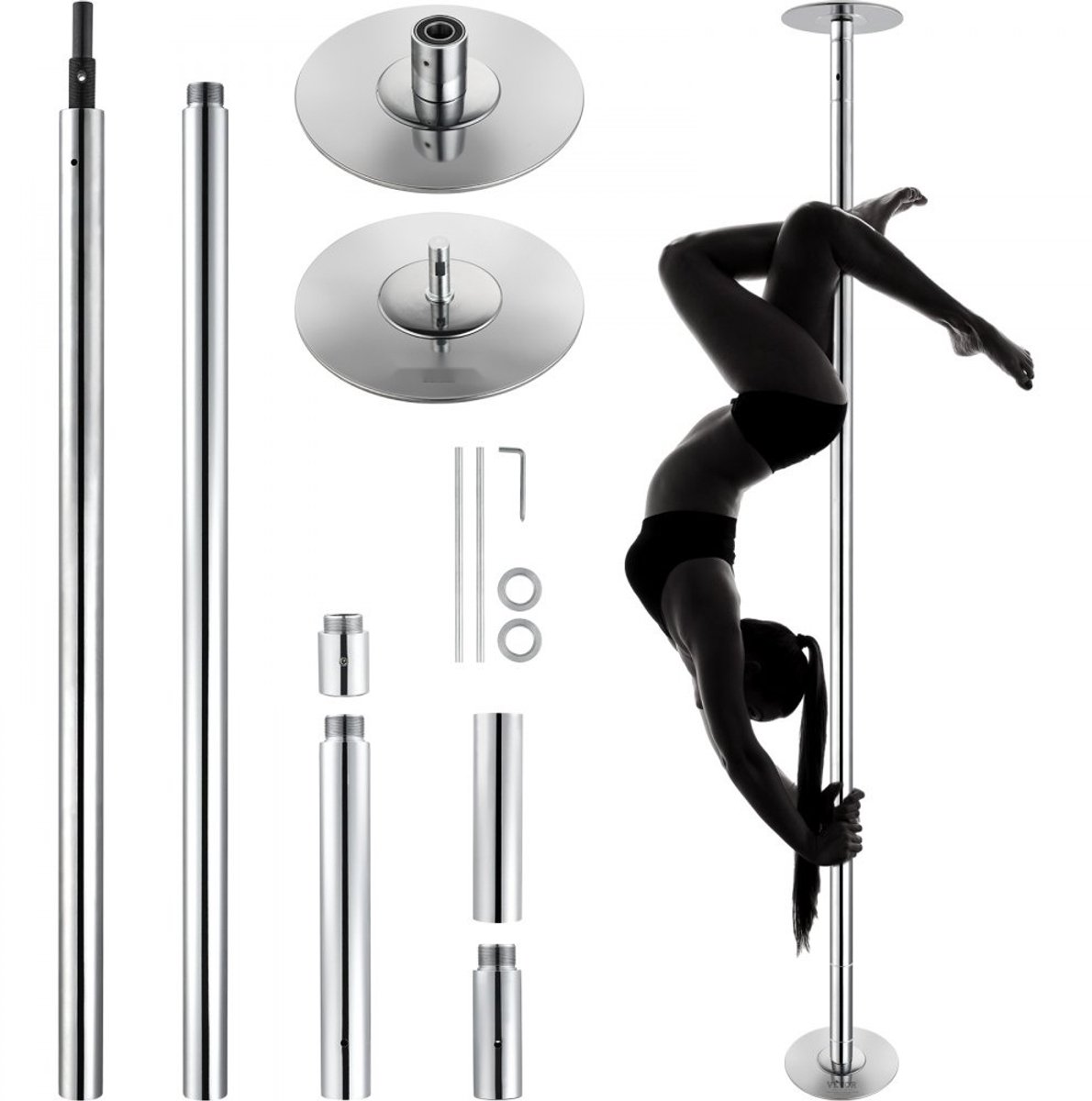 Professionele Danspaal - Pole Dance Paal - Hoogte Verstelbaar 210,5–278,4 cm - Draaifunctie - Verwijderbaar & Draagbaar - Voor Thuis, Sportschool & Club - Zilver