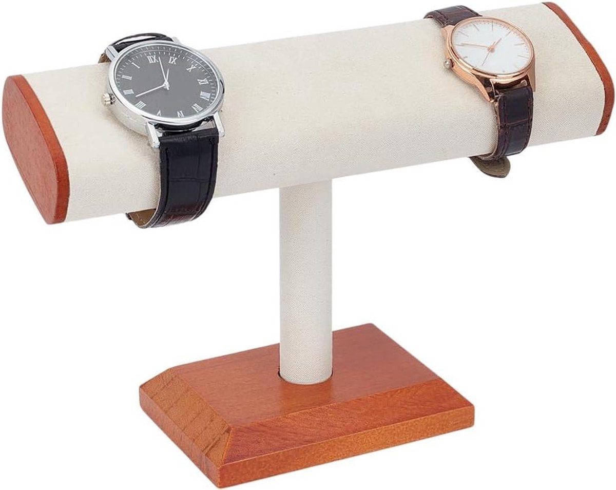 Allecta - Massief houten T-Bar horloge display stand met faux suede sieraden organizer - beige - sieraden toren - sieraden accessoire showcase voor mannen en vrouwen - horloge armband