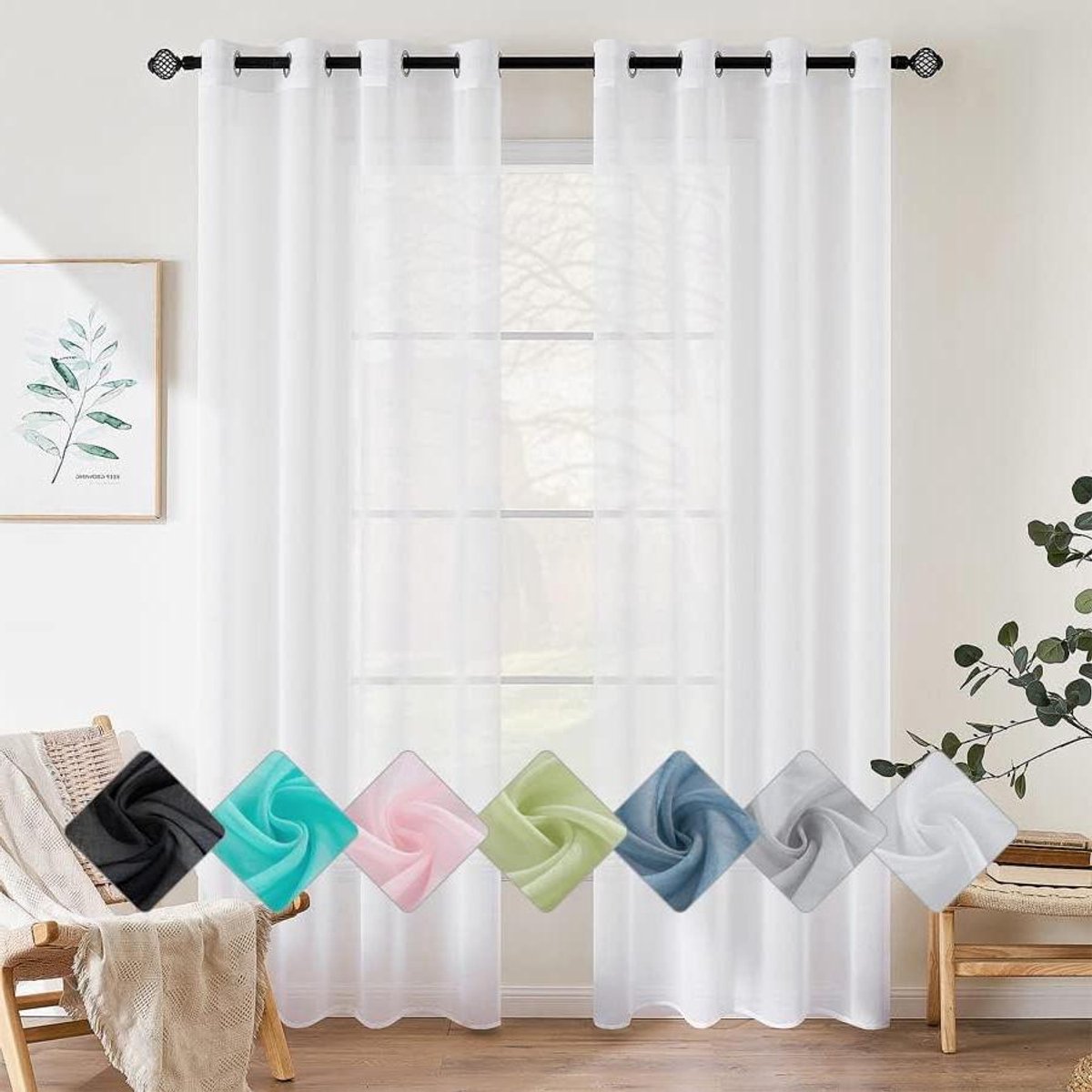 Allecta - Glasgordijn voor woonkamer en slaapkamer, set van 2, wit, luchtig en decoratief