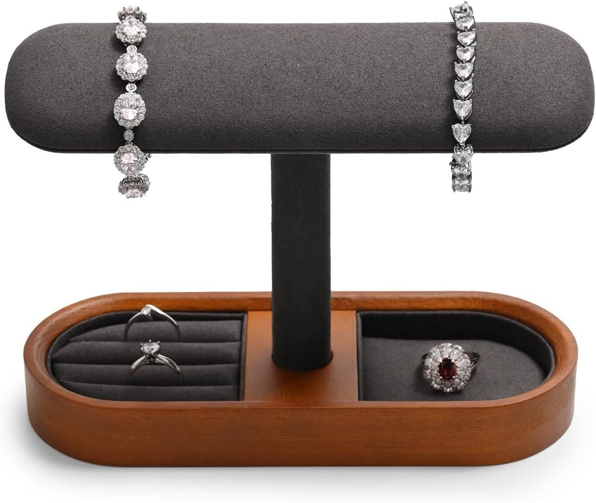 Allecta - Sieradenstandaard van massief hout voor horloges en ringen (donkergrijs) - opbergsysteem