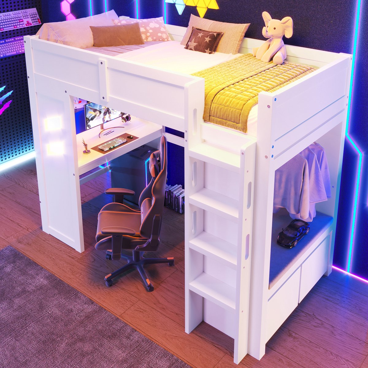 REDOM Hoogslaper 90x200 cm van massief grenenhout/MDF – Met bureau, LED, USB/Type-C, 2 lades en kledingstang – Wit