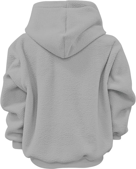 Achterkant van een grijze, oversized fleece hoodie met capuchon.