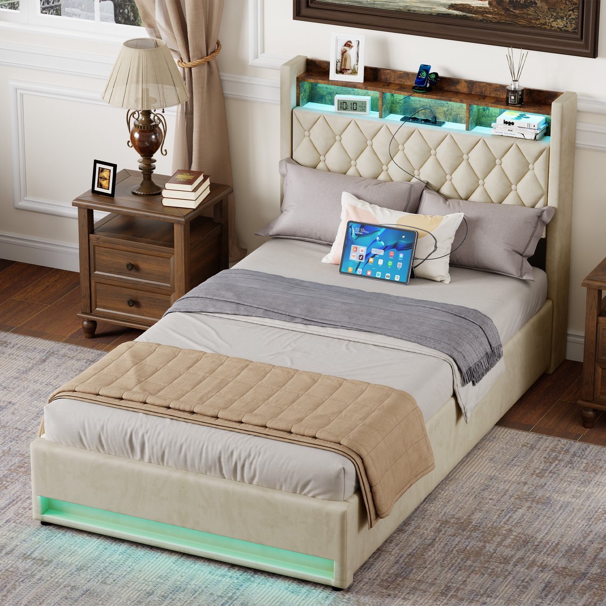 REDOM Luxe Polsterbed – Tweepersoons Bed 140x200 – Ergonomisch Hoofdbord en Stevige Lattenbodem – Comfortabel Slaapcomfort voor Slaapkamer en Hotel – Fluweel Bekleding – Beige