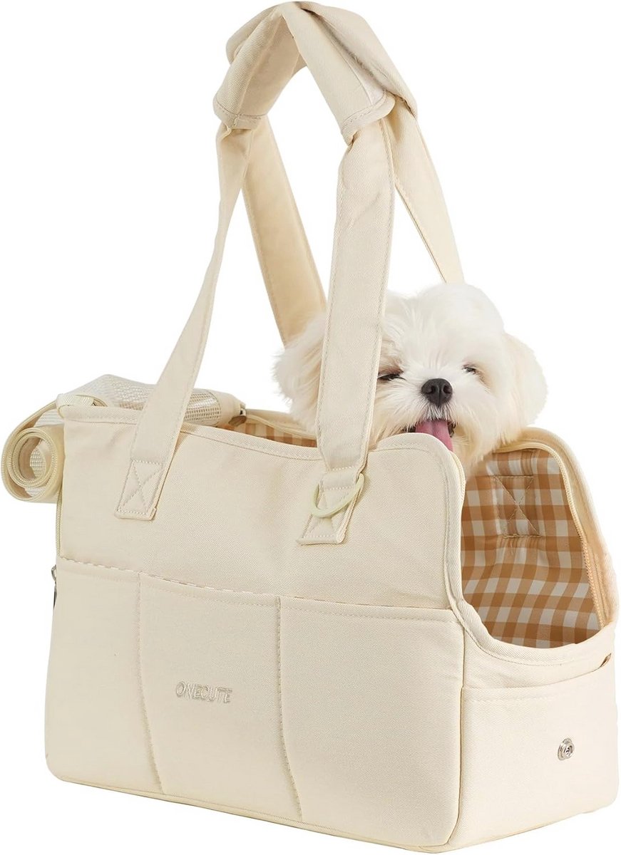 Inklapbare Draagtas voor Kleine Honden, Katten en Konijnen - Lichtgewicht Reistas met Grote Zakken en Zachte Binnenkant (Beige, 43x19x31 cm)