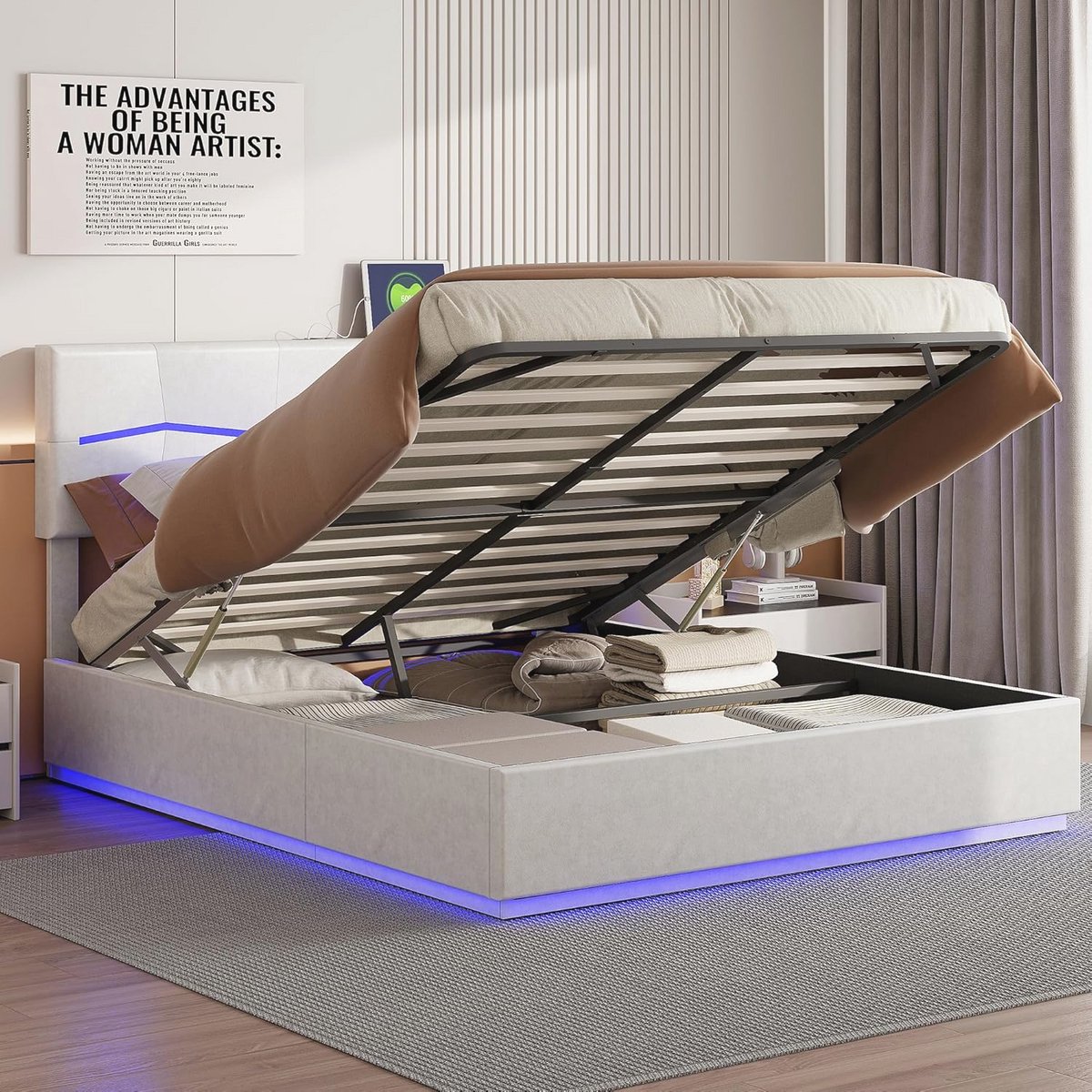 Dubbel bed met ledverlichting en USB-oplaadstation, 180 x 200 cm, hydraulisch opbergbed, beige
