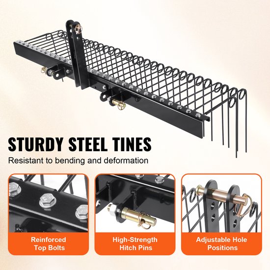 72" aanhangwagenhark, 32 stalen tanden, gazonverticuteermachine voor tractor, categorie 1, 3-puntsophanging, gazononderhoud voor bladeren, stro, gras van Merkloos	 — afbeelding 5