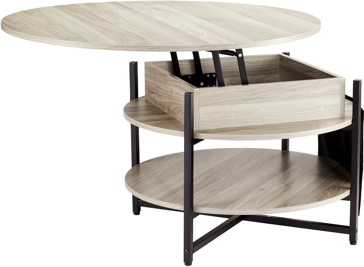 35,3 inch salontafel met opklapbaar blad, ronde tafel met extra opbergvakken, opklapbare salontafel voor de woonkamer, wit
