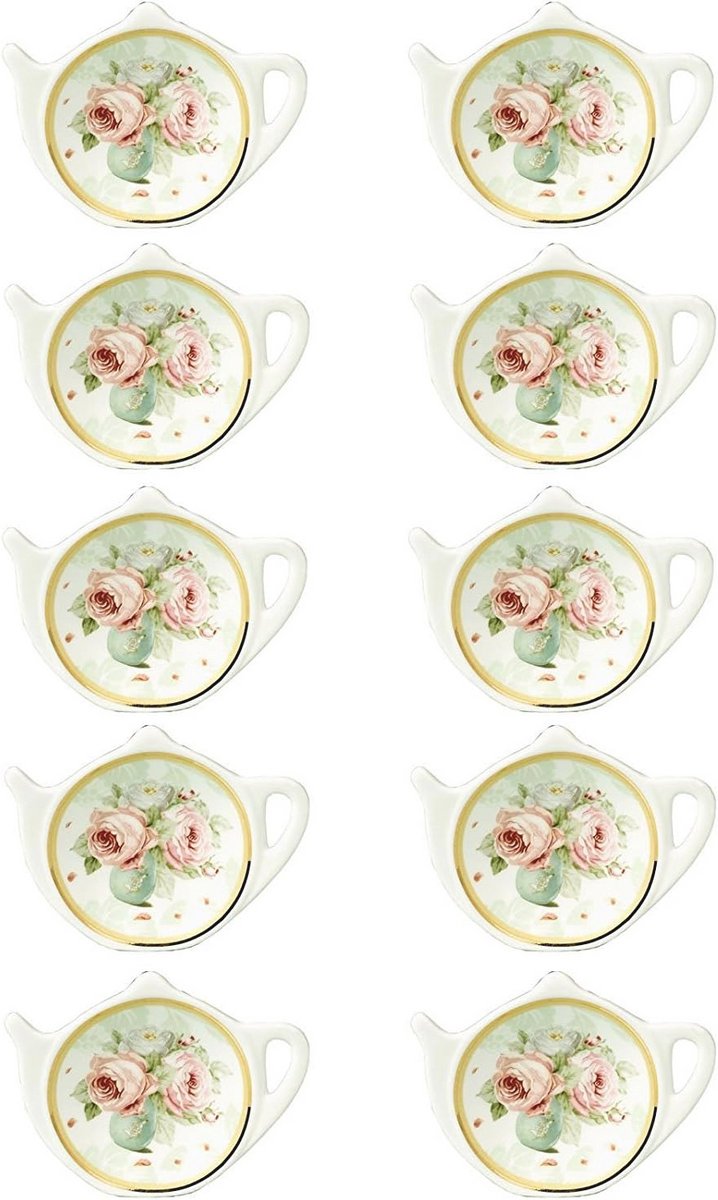 Ceramic Teapot-Shaped Tea Bag Holder and Coasters with Flower Trim and Gold Rim