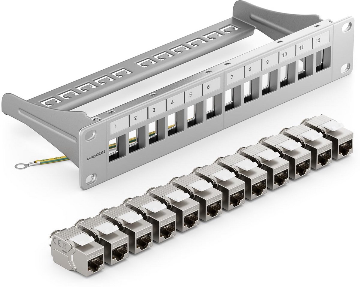 Patchpaneel 12 Poorts CAT 7 Keystone Modules Netwerk 10 Gbit/s Rackmontage GRIJS