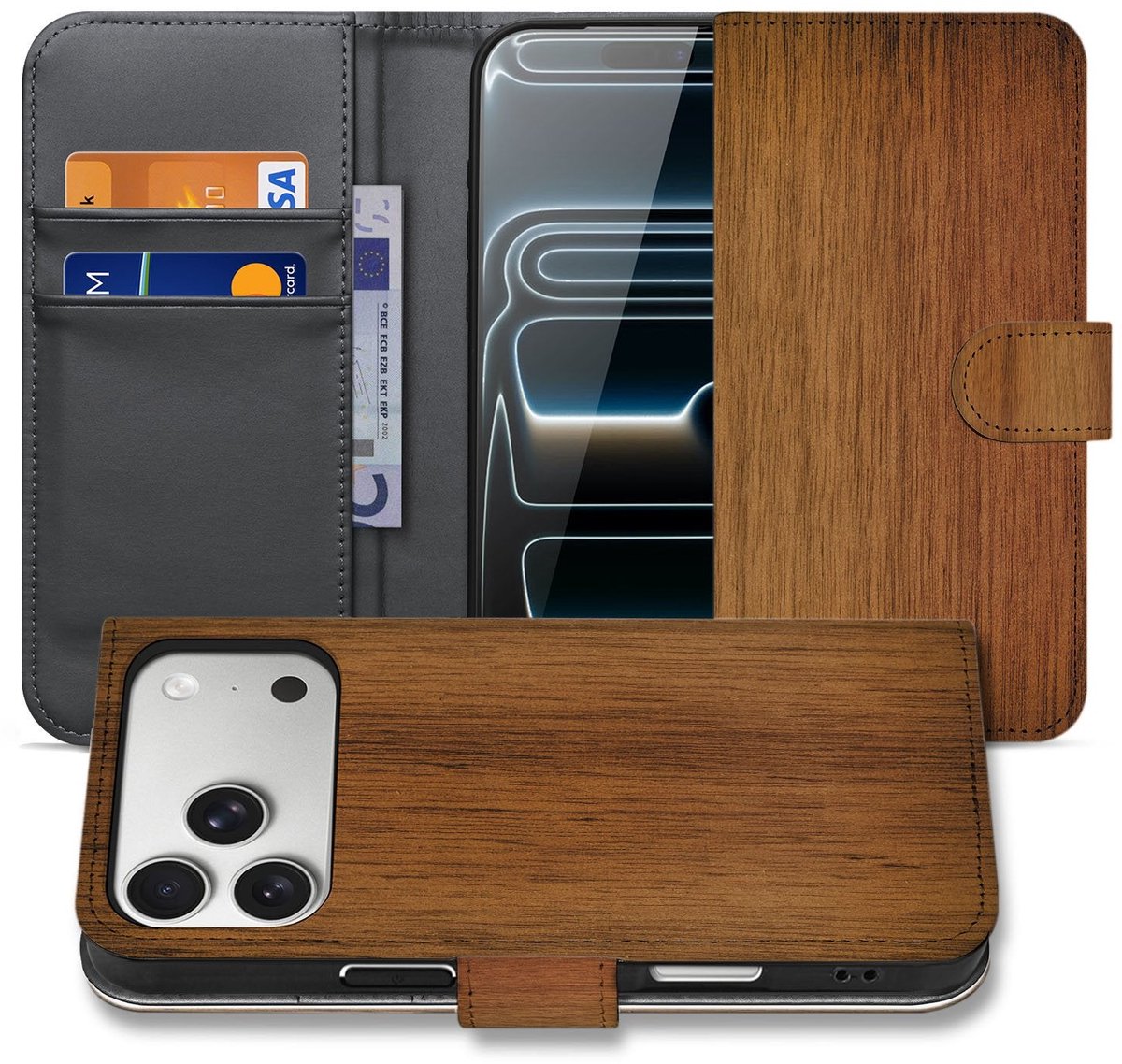 Apple iPhone 17 Pro Book Case Donker Hout Met Pasjeshouder