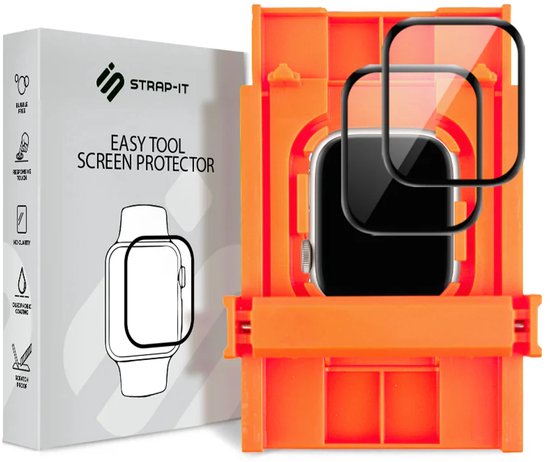 Strap-it Easy Tool screenprotector verpakking met oranje applicator tool, twee screenprotectors voor Apple Watch 44mm.