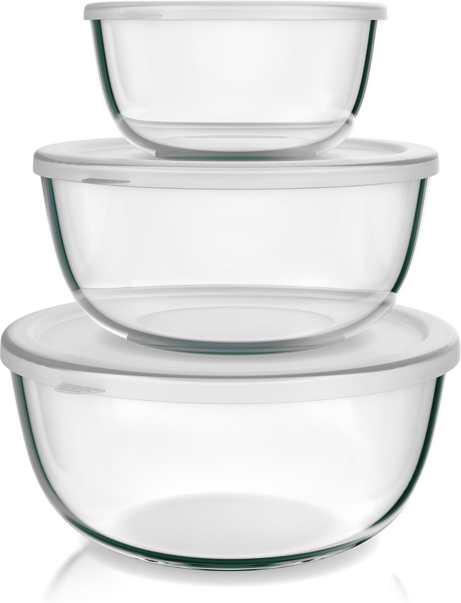 Glazen Mengkommen Set van 3 met Deksel - Borosilicaatglas, Ideaal voor Koken en Bewaren