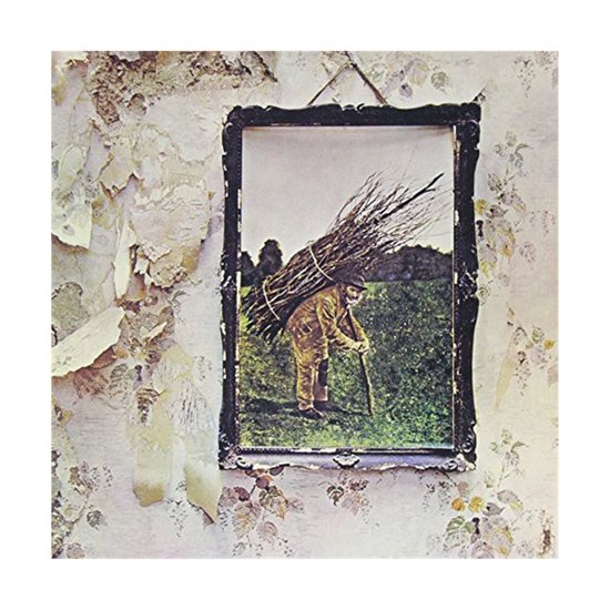 Hoes van Led Zeppelin IV met een man die een bundel takken draagt, ingelijst en hangend aan een behangen muur.