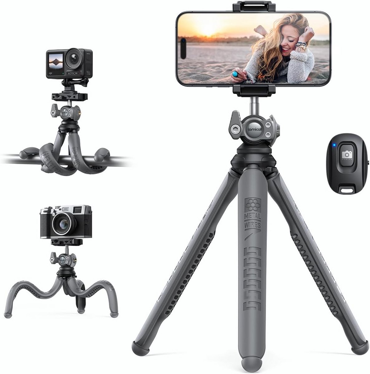 Verstelbare Smartphone tripod met Draadloze Afstandsbediening - 360° Flexibel Mini Statief voor Telefoon en Camera