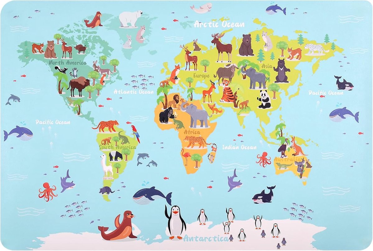 Famanu – bureauonderlegger - grote muismat - antislip bureauonderlegger met dierenwereldkaart - waterdichte bureaubeschermer - schrijfblok voor kinderen - studentenbureaumat - 40 x 60 cm