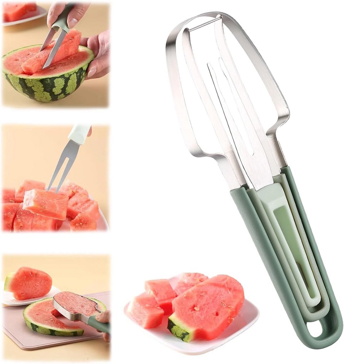 3-in-1 Fruitsnijder - Multifunctionele Meloen Cutter met Snijmes en Fruitvork