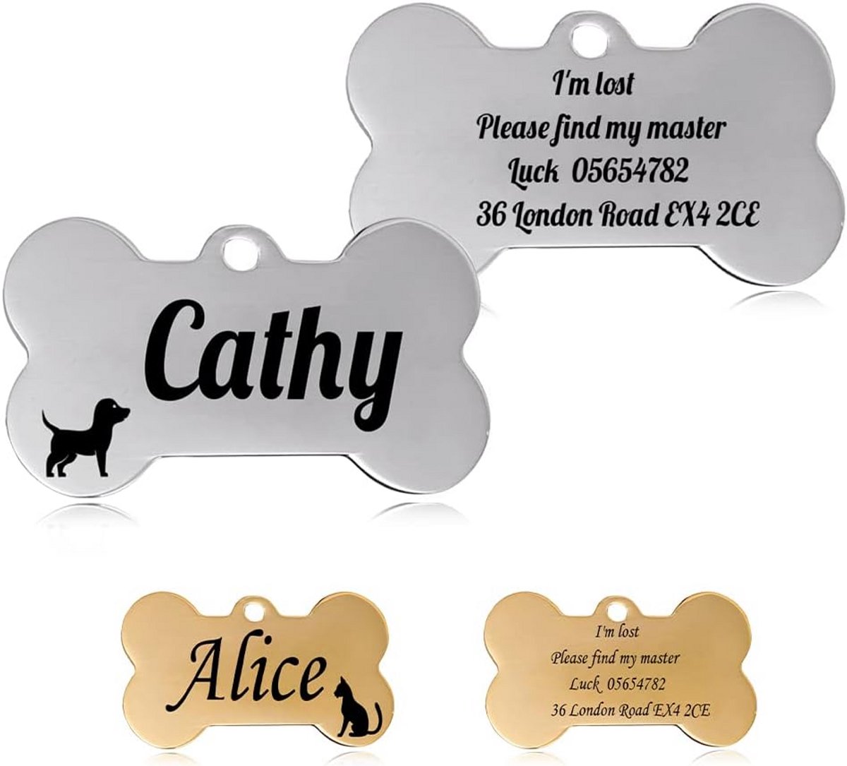 Gepersonaliseerde huisdier ID tags voor katten en honden - Dubbelzijdig gegraveerd, Aangepaste anti-verlies tags in botvorm