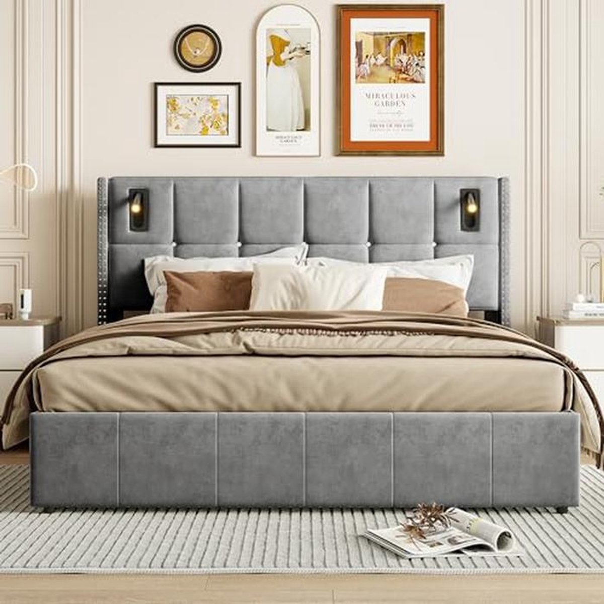 Tweepersoonsbed met Hydraulische Opbergruimte en Leeslampjes – 160 x 200 cm