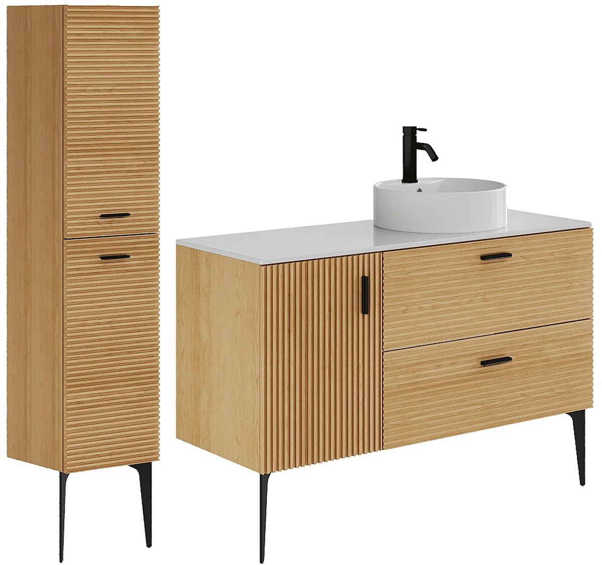 Vente-unique Geribbeld badkamermeubel op poten met opzetwastafel en kast - 1 deur en 2 lades - Licht naturel - 120 cm - SARONE