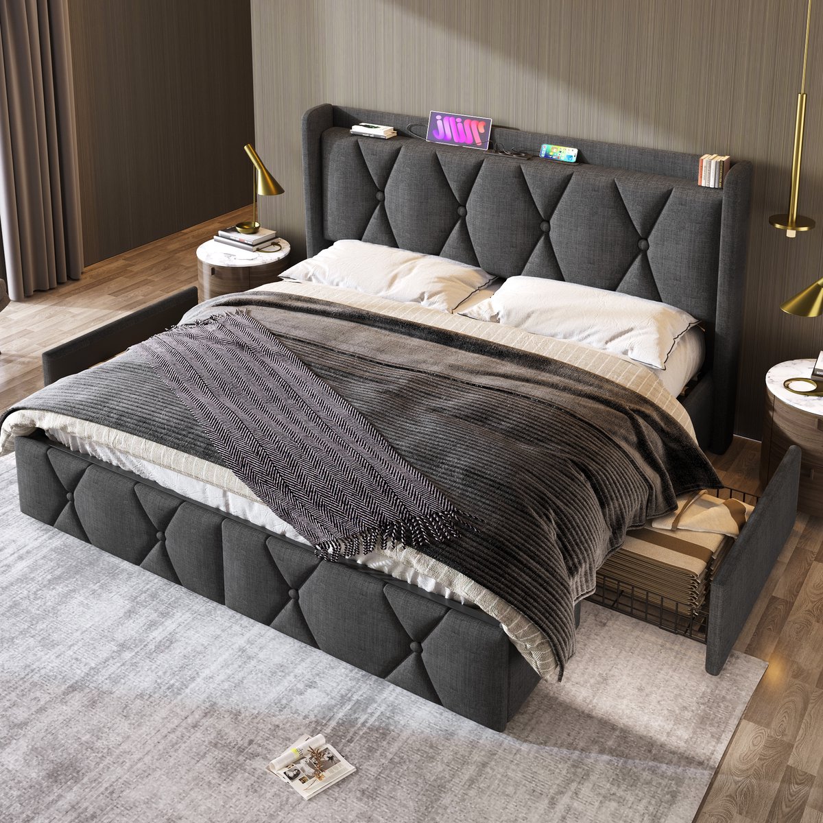 STILVORA Gestoffeerd bed 140x200 cm – Tweepersoonsbed met 4 opberglades – Hoofdeinde met stopcontacten en USB – Linnen – Grijs – Met matras