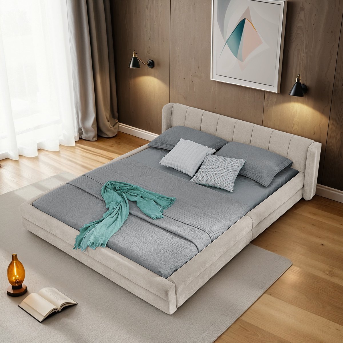 Tweepersoonsbed - 140x200 cm - Comfortabel Bed met Rugleuning - Eucalyptushout - Chenille - Beige