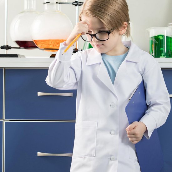 BSBUY Kinderlaboratoriumjas – 4 Stuks – Wit – Met Bril, Vergrootglas En Werkbadge – Unisex, 30% Katoen – Voor Rollenspel En Wetenschap