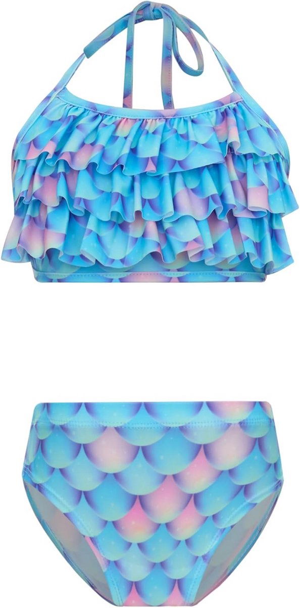 Tweedelige meisjes bikini met schubbenpatroon en haltertop - zeemeermin zwemkleding