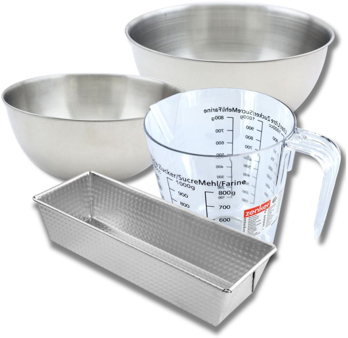 Bakkersset met cakevorm van staal 25 cm, 2 mengkommen, maatbeker en spatel Zenker
