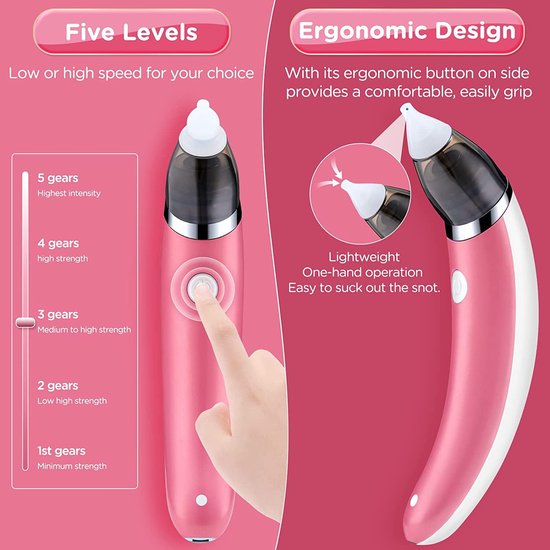 Neusaspirator - elektrische neusreiniger - baby neuszuiger - oplaadbaar - draagbaar - zacht siliconen opzetstuk - roze — afbeelding 3