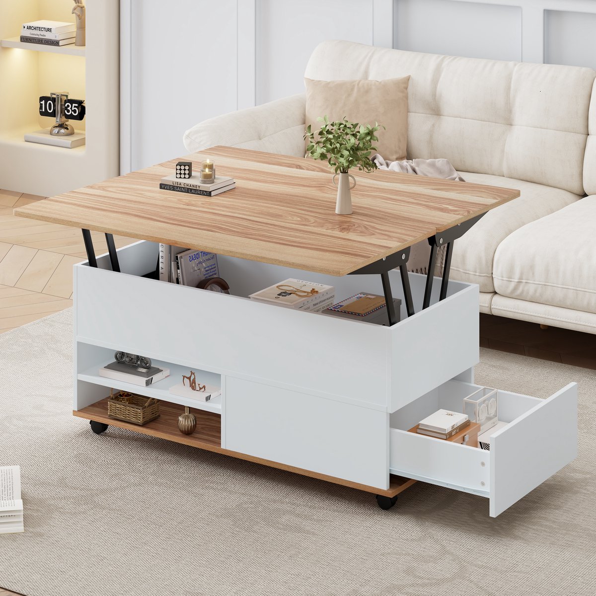 Verstelbare Salontafel - 100 x 98 x 65 cm - Grote Opbergruimte met Wielen - Multifunctionele Tafel - Hout - Wit/Natuur