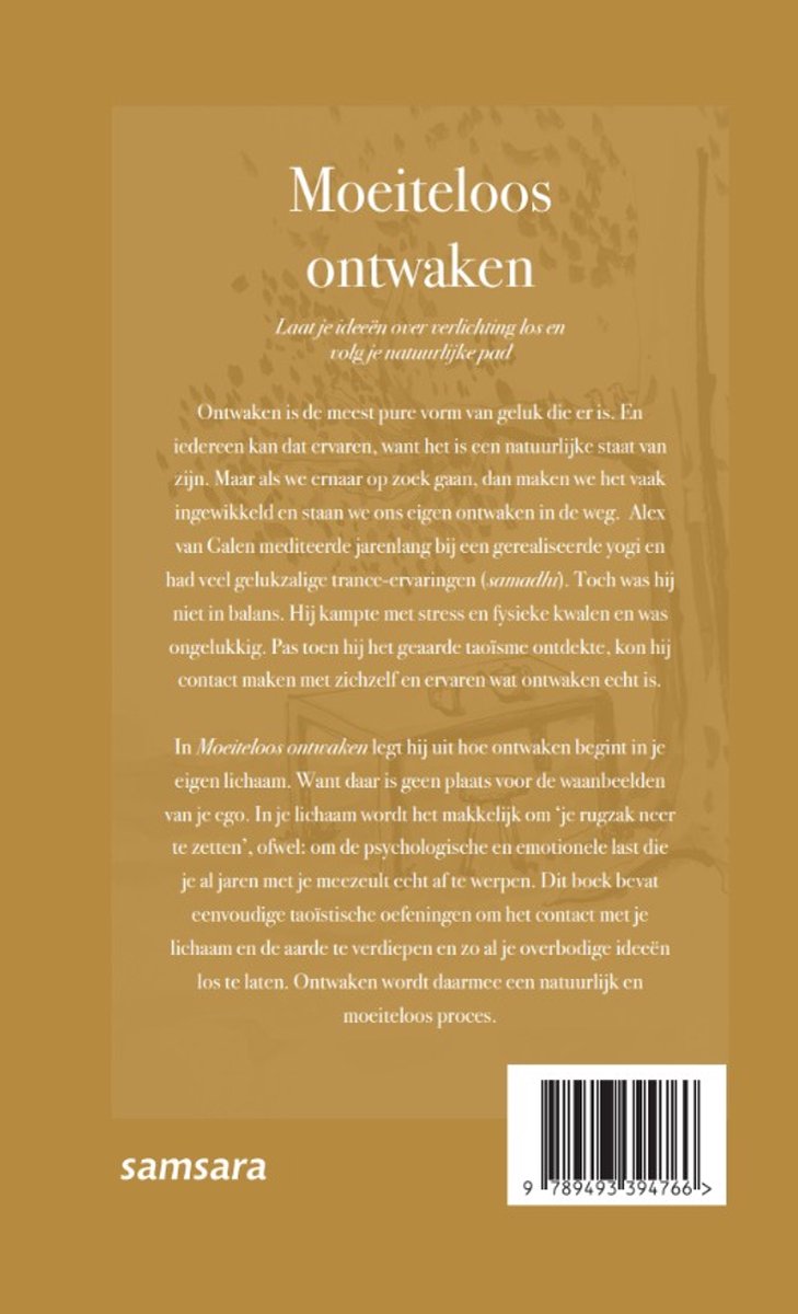 Boekomslag: 'Moeiteloos ontwaken' met tekst over verlichting en Samsara logo.