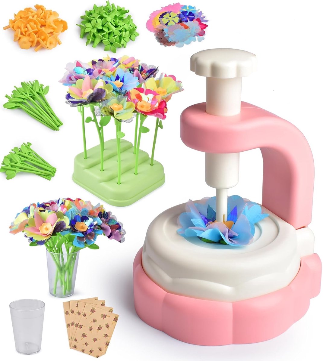 Daity Creatieve boeket-doe-het-zelf-speelgoedset (1 stuk) – Maak je eigen boeket – Leuk knutselspeelgoed dat de fantasie prikkelt, het perfecte cadeau voor een meisje van 4-8 jaar – Verjaardags- en kerstcadeau (roze)
