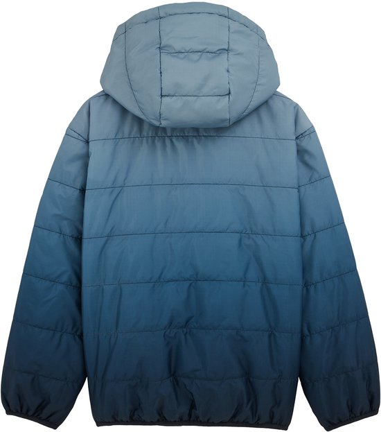 Jongensjas met capuchon, verloop van lichtblauw naar donkerblauw, horizontale banen.