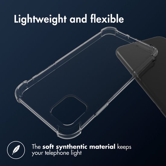 Transparante, flexibele telefoonhoes 'Lightweight and flexible'. 'The soft synthetic material keeps your telephone light'.