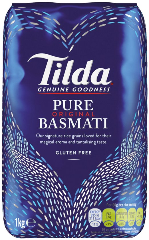 Tilda Pure Original Basmati rijst, 1kg, met een blauw met witte gestippelde hartvormige versiering.