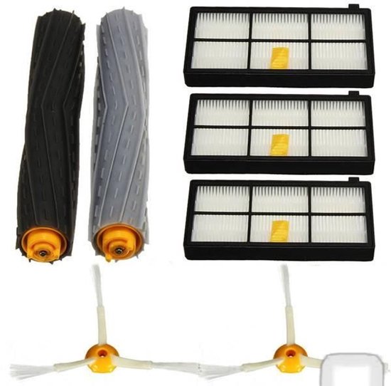 Grijze en zwarte rubberen borstels, witte filters met gele details en gele borstels, voor iRobot Roomba.