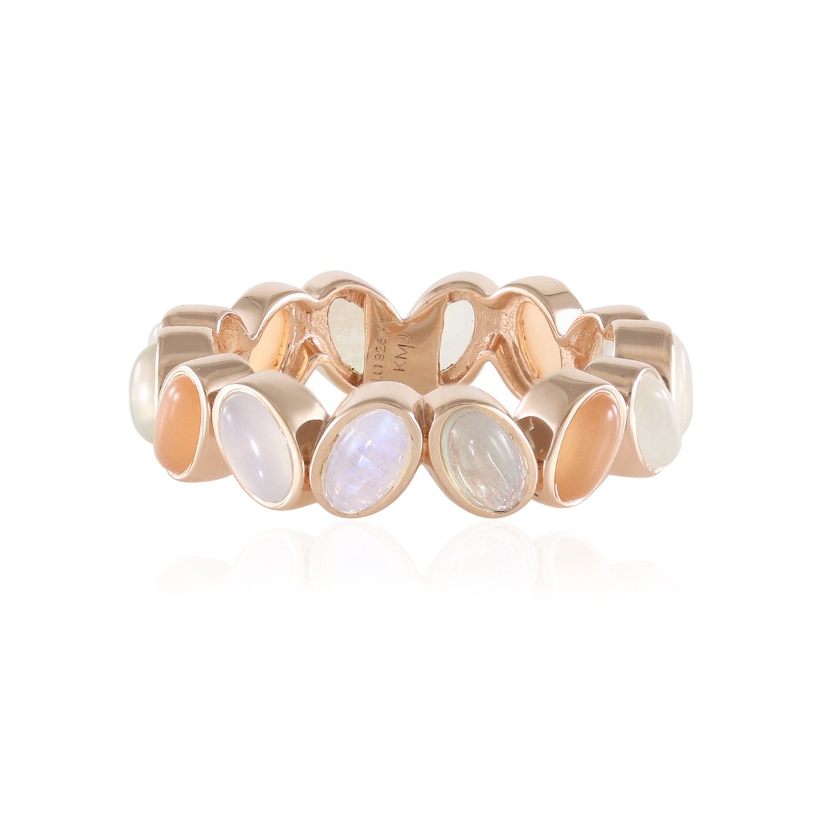 Cavill - 925 Sterling Zilver Ring - Roségoud Verguld - Blauwe, Witte, Groene Maansteen 4,41 ct - Elegante Ovale Cabochonring