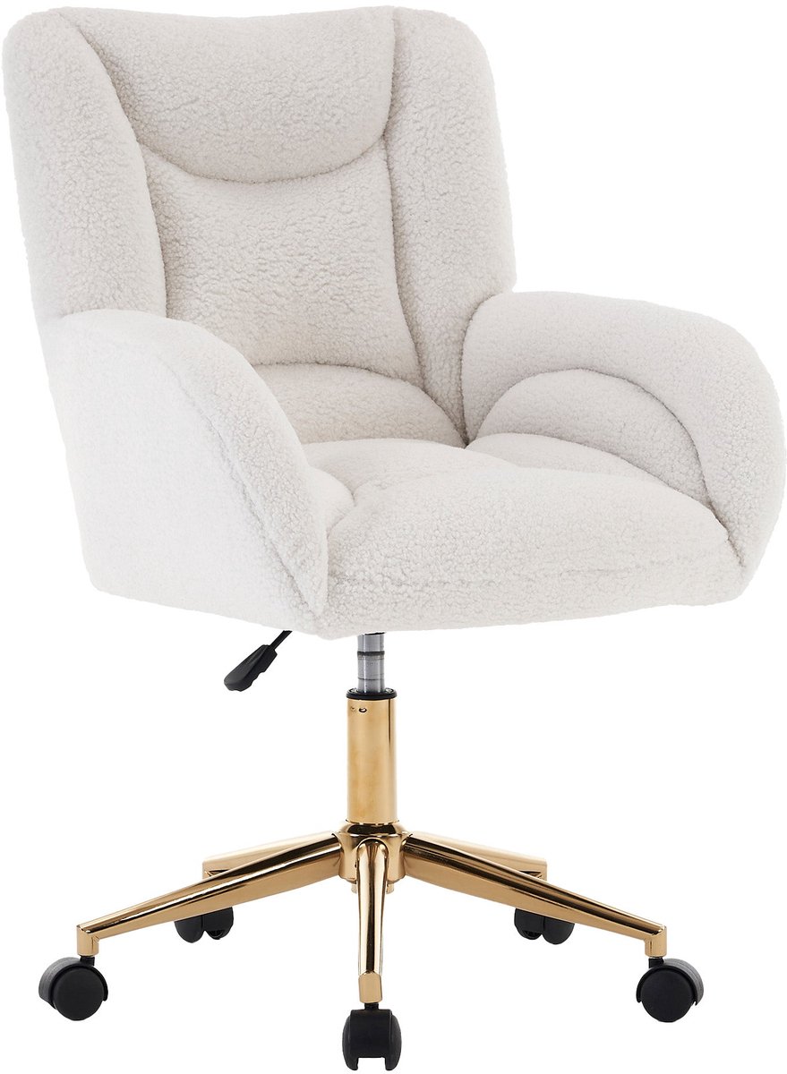 Merax Teddy Bureaustoel in Wit – Verstelbare Draaistoel met Gouden Onderstel – Ergonomische Home Office Stoel met Wielen en Comfortabele Zitting